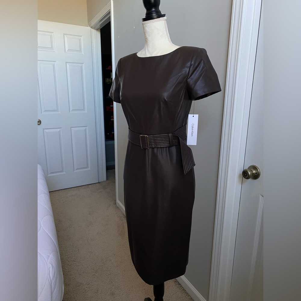 NWT Calvin Klein Belted Faux Leather Sheath Dress - Espresso Brown - Picture 3 of 16